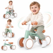 Baby Balance Bike for 1 Year Old, 4-Wheel No-Pedal Toddler Ride-On Toy with Adjustable Seat, Ages 12-24 Months, Green, First Birthday Gift