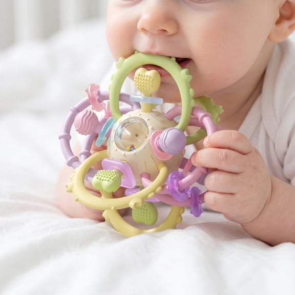 Baby Ball Teether Toys Baby Rattle Teething Toys Silicone Chew Toy with Rattle Sensory Developmental Toy BPA Free Soft for Babies 0-12 Months Nursery Car Stroller Travel,1pcs