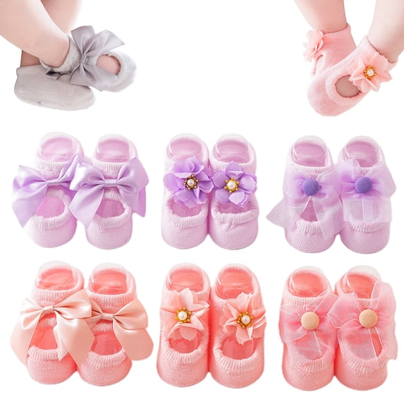 Baby Ballet Socks, 3 Pairs Non-skid Socks Shoes for Baby Girls, Newborn Cotton Toddler Lace Bowknot Flower Walker Sock (6Pair-A, M)