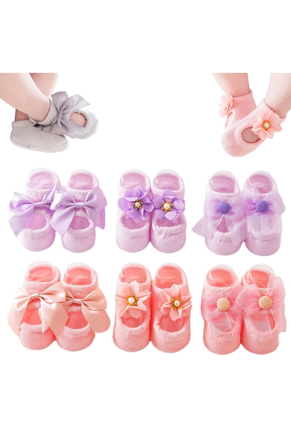 Baby Ballet Socks,3pair Non-skid Socks Shoes for Baby Girls,Newborn Cotton Toddler Lace Bowknot Flower Walker Sock(6Pair-A, M)