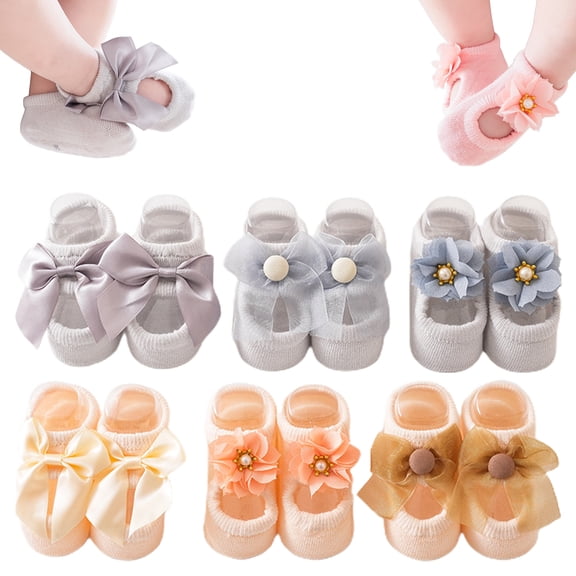 Baby Ballet Socks,3pair Non-skid Socks Shoes for Baby Girls,Newborn Cotton Toddler Lace Bowknot Flower Walker Sock(6Pair-C, S)