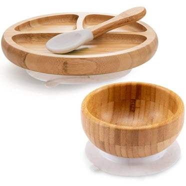 Baby Bamboo Plates, Bowls with Suction and Spoon Set - 3PC; Feeding Supplies Set for Infant, Toddlers - Detachable Silicone Suction Stay Put Base for Wooden Bowl, Plate - BPA Free （Marble)