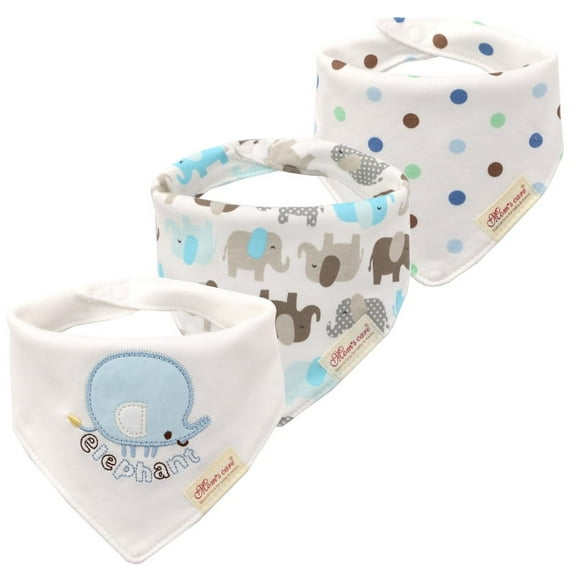 Baby Bandana Bibs 3 Pack Cotton, Absorbent for Drooling, Cute Elephant & Polka Dots Design