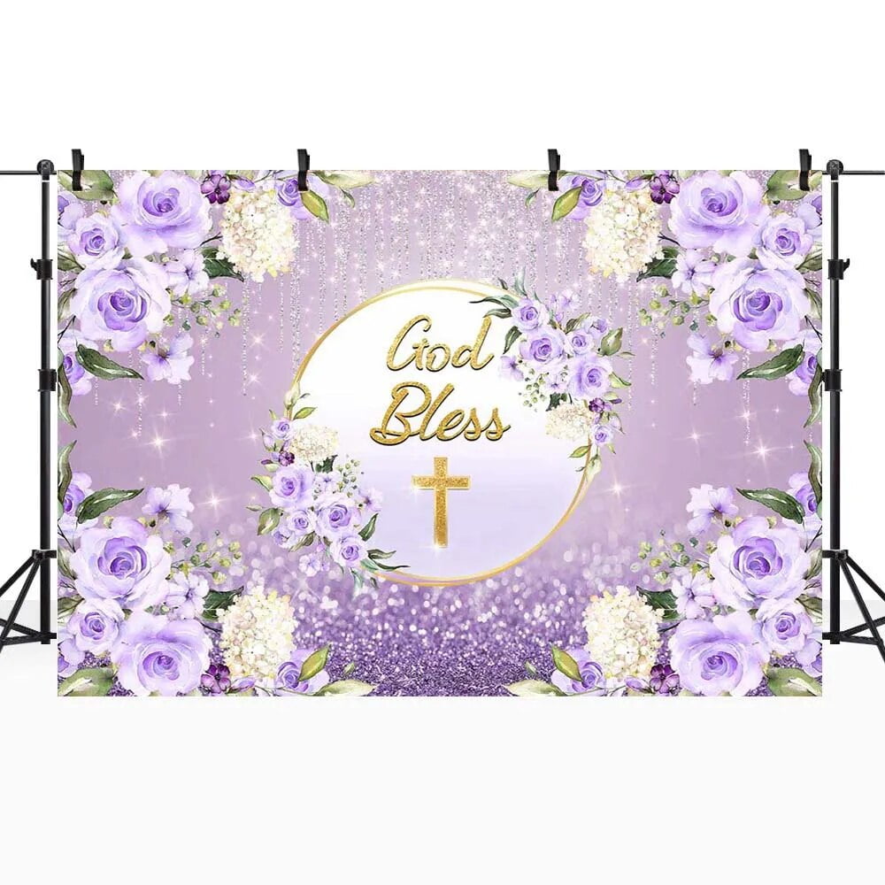 Baby Baptism Backdrop Golden Cross God Bless Newborn Christening Pink ...