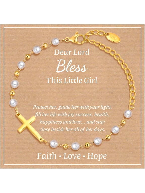 18k Gold Plated Delicate Simulated Pearl Cross Bracelets Birthday First Communion Confirmation Gifts Christian Jewelry for Boys Girls