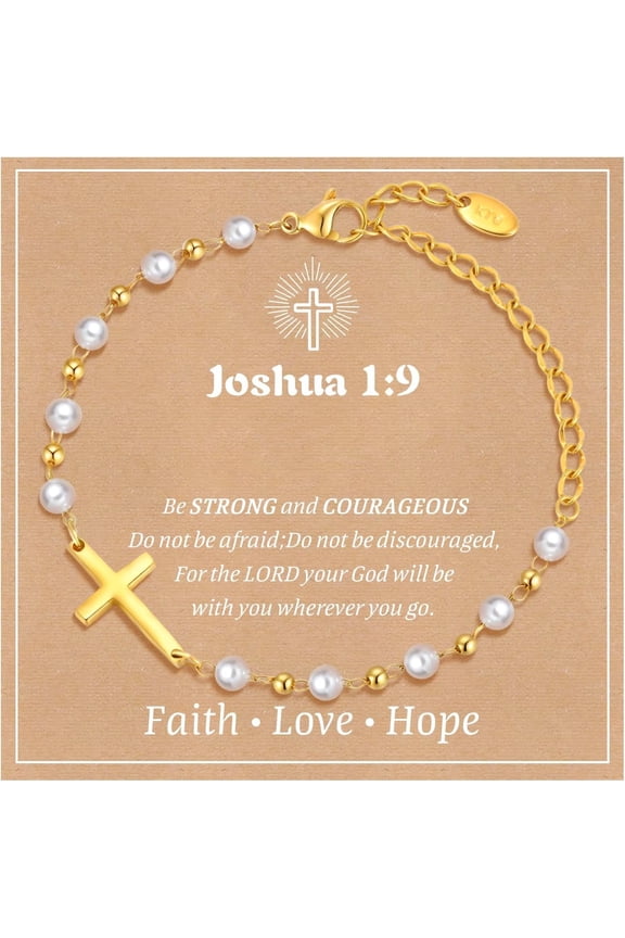 18k Gold Plated Delicate Simulated Pearl Cross Bracelets Birthday First Communion Confirmation Gifts Christian Jewelry for Boys Girls