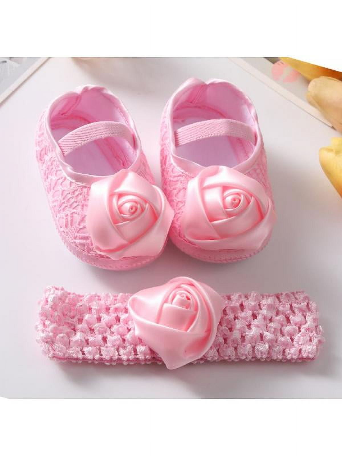 Baby Baptism Shoes And Headband Set Soft Sole Floral Flats And