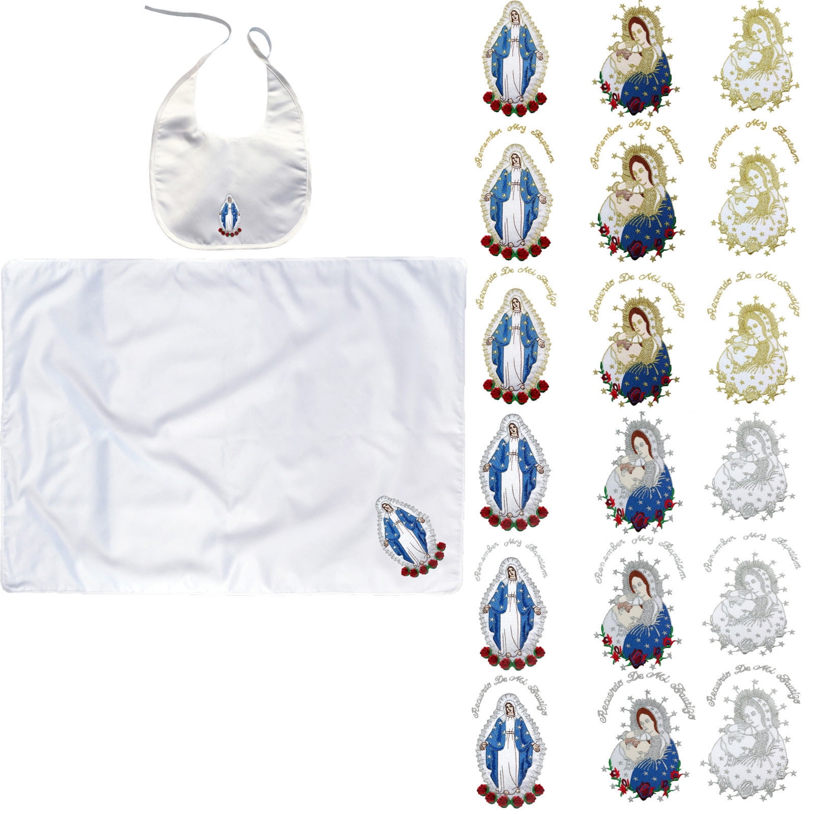 Baby Baptism White Swaddle Blankets & Bib Set Embroidery Holy Virgin Mary & Pope