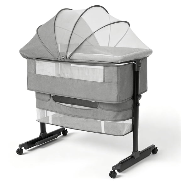 Baby Bassinet, 3-Level Adjustable Height with Wheels & Storage Basket, Breathable Mosquito Net,for Newborns and Infants,Light Gray