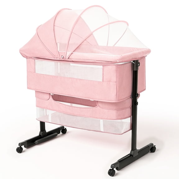 Baby Bassinet, 3-Level Adjustable Height with Wheels & Storage Basket, Breathable Mosquito Net,for Newborns and Infants,Pink