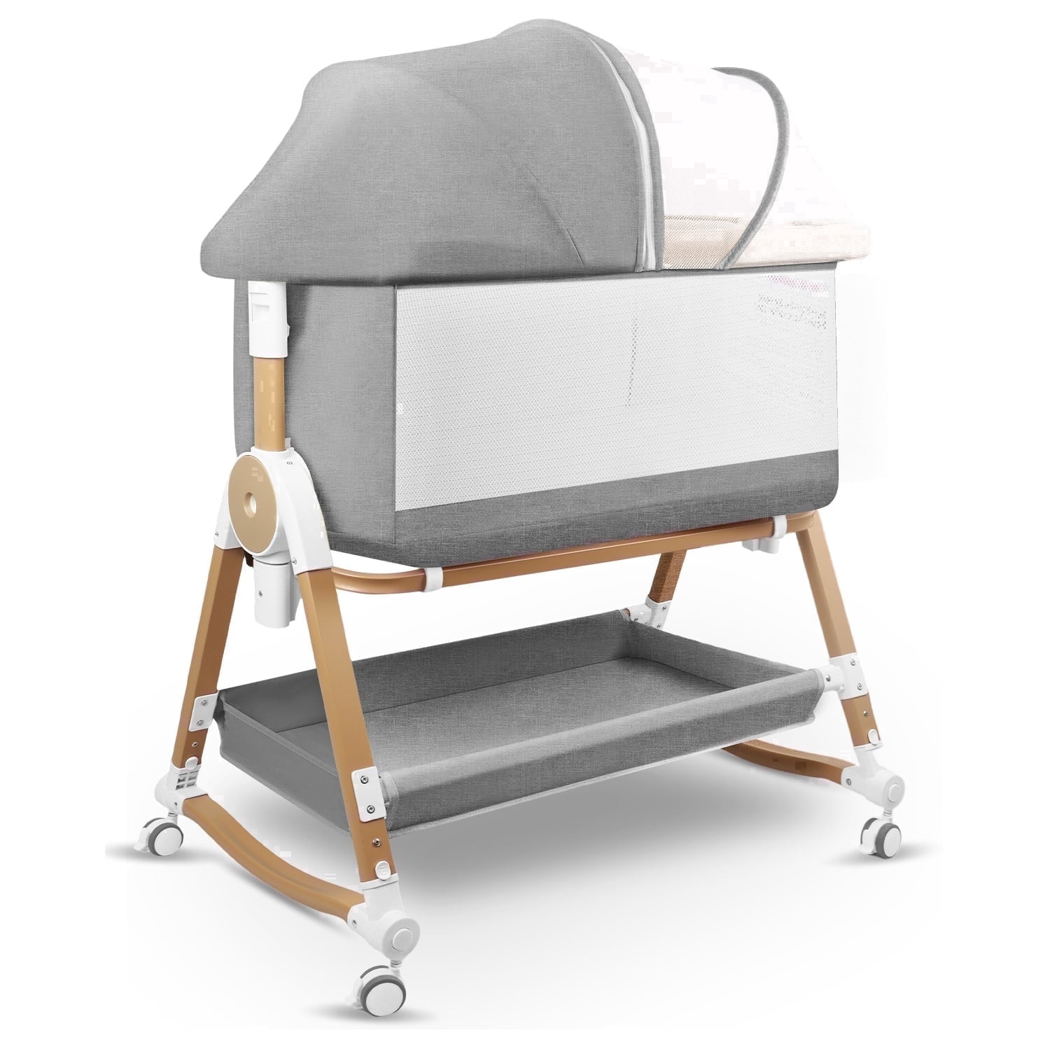 4 in 1 Baby Bassinet Bedside Sleeper W/ Wheels,Storage Basket, Adjustable 7 Heights,Mosquito Net,Breathable Mesh Cradle for Infants Toddler,Grey