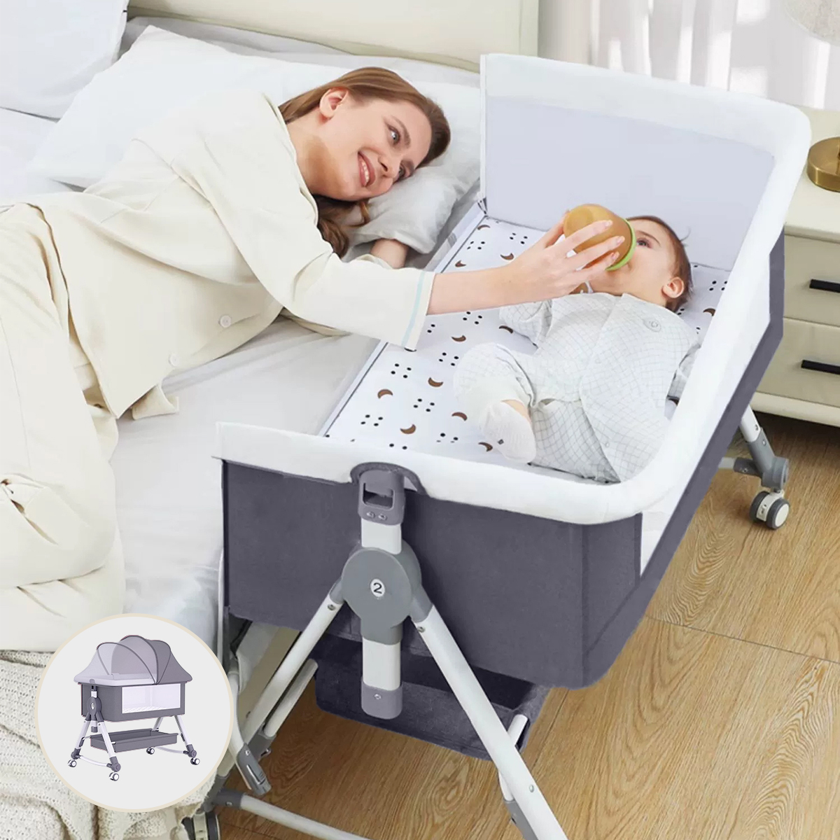 MONEHANE 4 in 1 Portable Bedside Baby Bassinet with Changing Table Adjustable Height Storage Basket and Wheels Gray Walmart