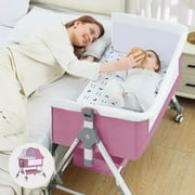 Baby Bassinet, 4 in 1 Infant Bedside Crib with Storage Basket and Wheel &Changing Table, Adjustable Infant Cradle, Pink