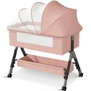 Baby Bassinet, Adjustable Baby Bedside Sleeper Bassinet with 360°Wheel, Baby Cradle for Infant,0-2 Months,Pink
