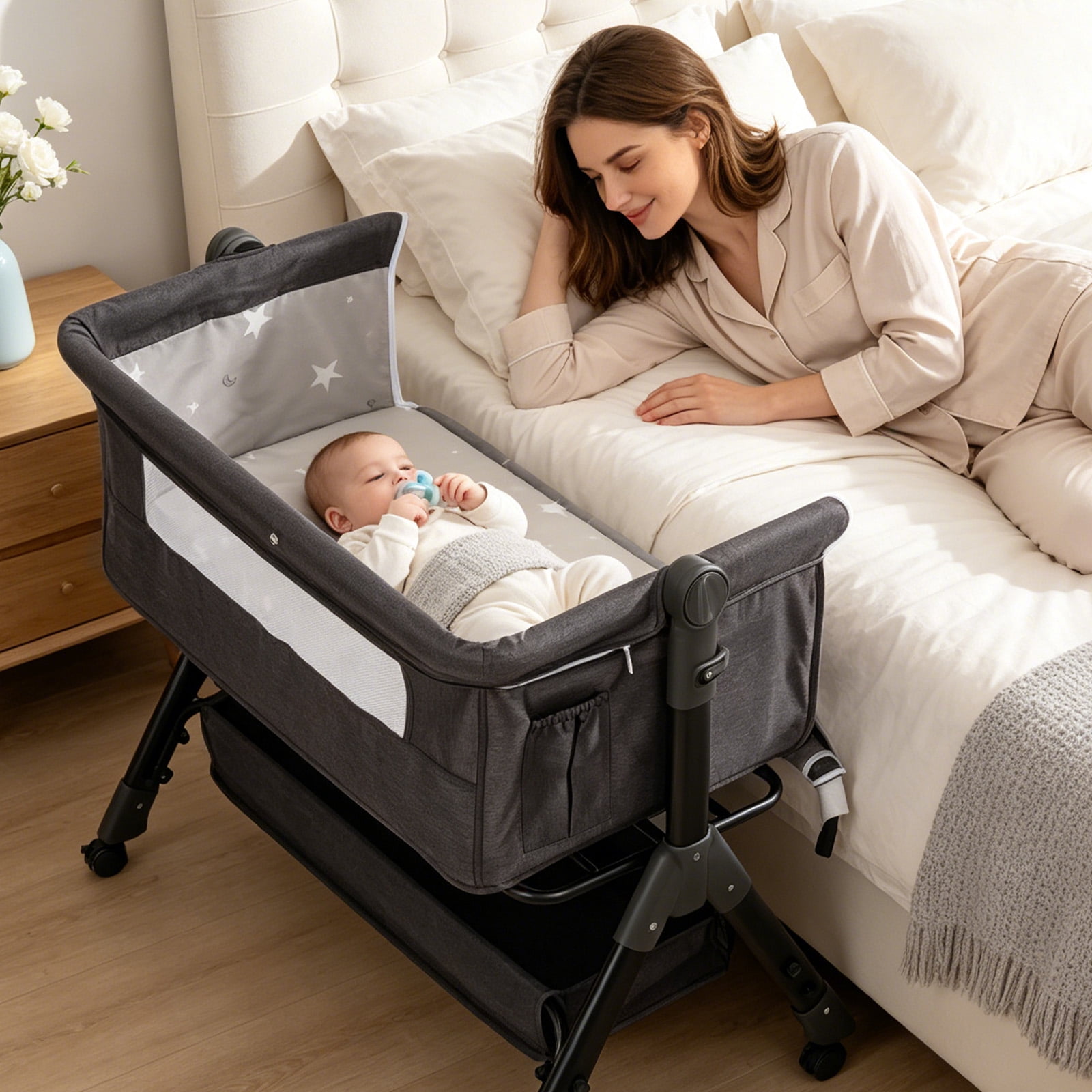 Baby Bassinet, Adjustable Baby Bedside Sleeper Bassinet with 360°Wheel, Baby Cradle for Infant,0-6 Months