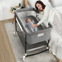 Baby Bassinet, Adjustable Infant Bedside Crib Beds with Changing Table, Storage Basket, Wheel, Mosquito Net, for 0-24 Months, Gray