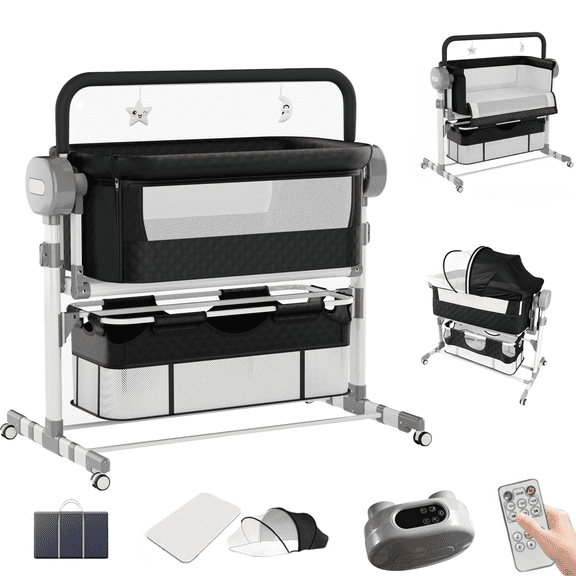 Baby Bassinet, Automatic Rocking Bassinet with Storage Basket, Portable Cradle for Newborn Sleep, Flat-Shake Style, Black