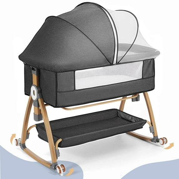 Baby Bassinet, Caveen Bedside Bassinet for Baby, 4 in 1 Portable Bedside Sleeper Rocking Crib with Wheels, Mosquito Net & Storage Basket, 6 Height Adjustable, Grey