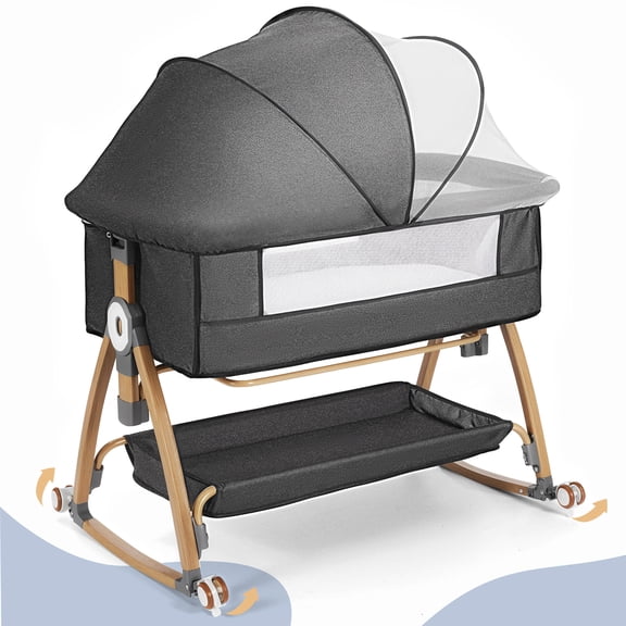Baby Bassinet, Caveen Bedside Bassinet for Baby, 4 in 1 Portable Bedside Sleeper Rocking Crib with Wheels, Mosquito Net & Storage Basket, 6 Height Adjustable, Grey