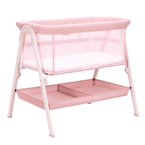 3 in 1 Baby Bassinet, Bedside Bassinet for Baby, Bassinet Bedside Sleeper with Mattress, Storage Basket and 4 Auto-Lock Wheels, Full-Mesh Sides, Bedside Crib for Newborn,Pink