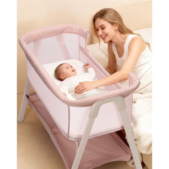 Baby Bassinet, Bedside Bassinet for Baby, Bassinet Bedside Sleeper with Mattress, Storage Basket and 4 Auto-Lock Wheels, Full-Mesh Sides, Bedside Crib for Newborn,Pink