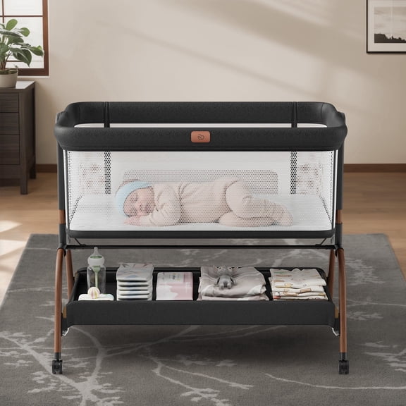 Baby Bassinet Bedside Crib, 3-in-1 Baby Bassinet Bedside Sleeper with Mattress and Soft, Breathable Sheet, Full-Mesh Sides, 6-Height Adjustable, Stable and Secure Crib for Newborns,Black