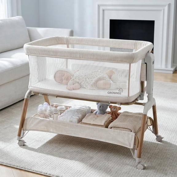 GROWNSY Baby Bassinet Bedside Sleeper with Gentle Rocking Mode, 6 Adjustable Heights, Full Breathable Mesh, Convertible to Portable Crib, Bassinets with Mattress & Wheels, Beige