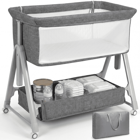 Cowiewie Baby Bassinet Bedside Portable Bassinet with Wheels & Storage Travel Bag, for 0-6 Months, Gray