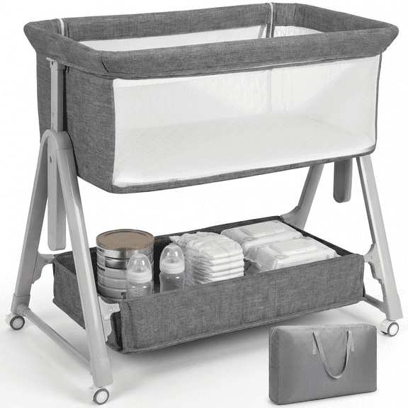 Cowiewie Baby Bassinet Bedside Portable Bassinet with Wheels & Storage Travel Bag, for 0-6 Months, Gray