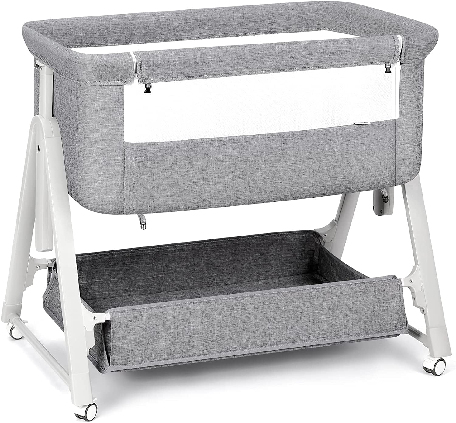 Cowiewie Baby Bassinet, Portable Bedside Bassinet with Wheels, Storage & Travel Bag, for 0-6 Months, Light Gray