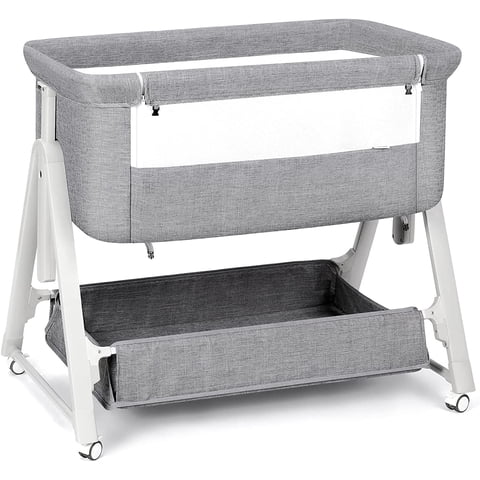 Cowiewie Baby Bassinet, Portable Bedside Bassinet with Wheels, Storage & Travel Bag, for 0-6 Months, Light Gray