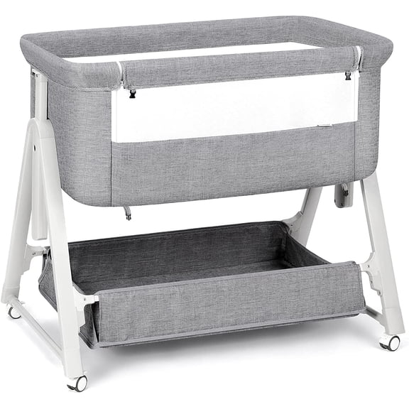 Cowiewie Baby Bassinet, Portable Bedside Bassinet with Wheels, Storage & Travel Bag, for 0-6 Months, Light Gray