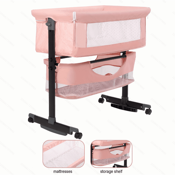 Baby Bassinet Bedside Sleeper - 3 in 1 Adjustable Height Bedside Bassinet with Breathable Mesh, Wheels & Storage Basket and Bag, Portable Folding Baby Cradle for Infants & Newborns, Pink