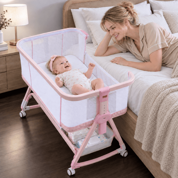 PRVAETU Baby Bassinet w/ Mattress & Height Adjustable for Newborn,Pink