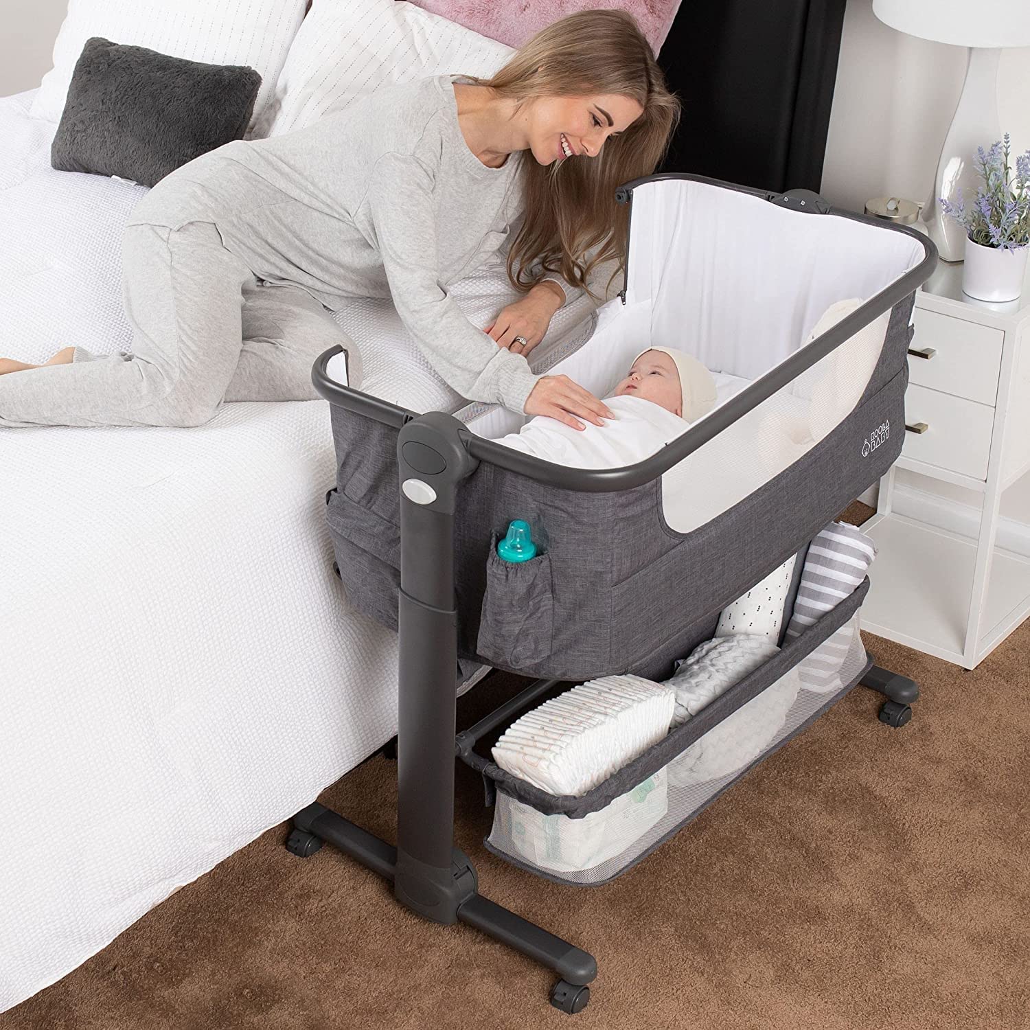 Mika Micky Bedside Sleeper Easy Folding Portable Crib,Grey