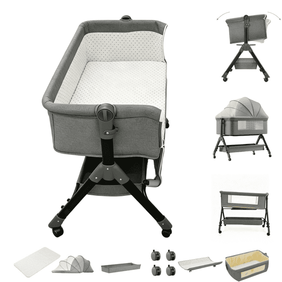 Baby Bassinet,Bedside Sleeper Bassinet with Changing Table, Adjustable Infant Cradle for 0–36 Months, Rocking Crib in GREY