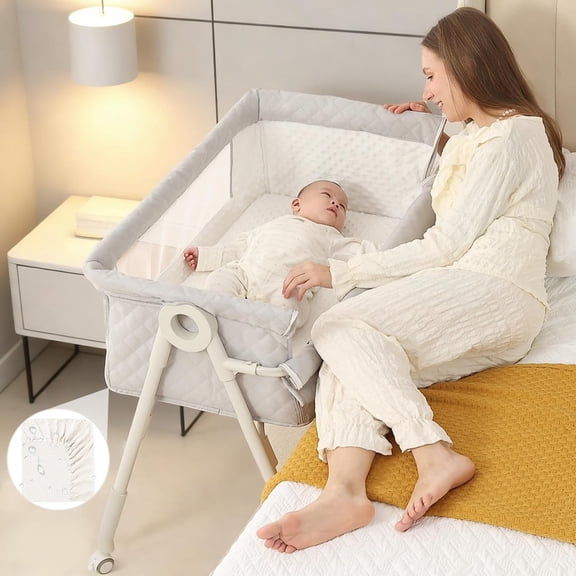 Baby Bassinet Bedside Sleeper - More Safer Height Adjustable Bassinet with Crib Sheet, Easy to Clean, Stable Bedside Crib with Wheels