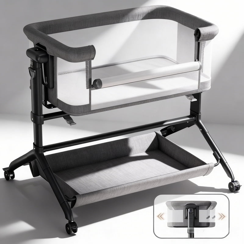 Baby Bassinet, Caveen Roacking Bassinet for Baby, Bedside Sleeper with Breathable Full-Mesh and Mattress, 6 Height Adjustable, Portable Bedside Crib for Infants, Grey