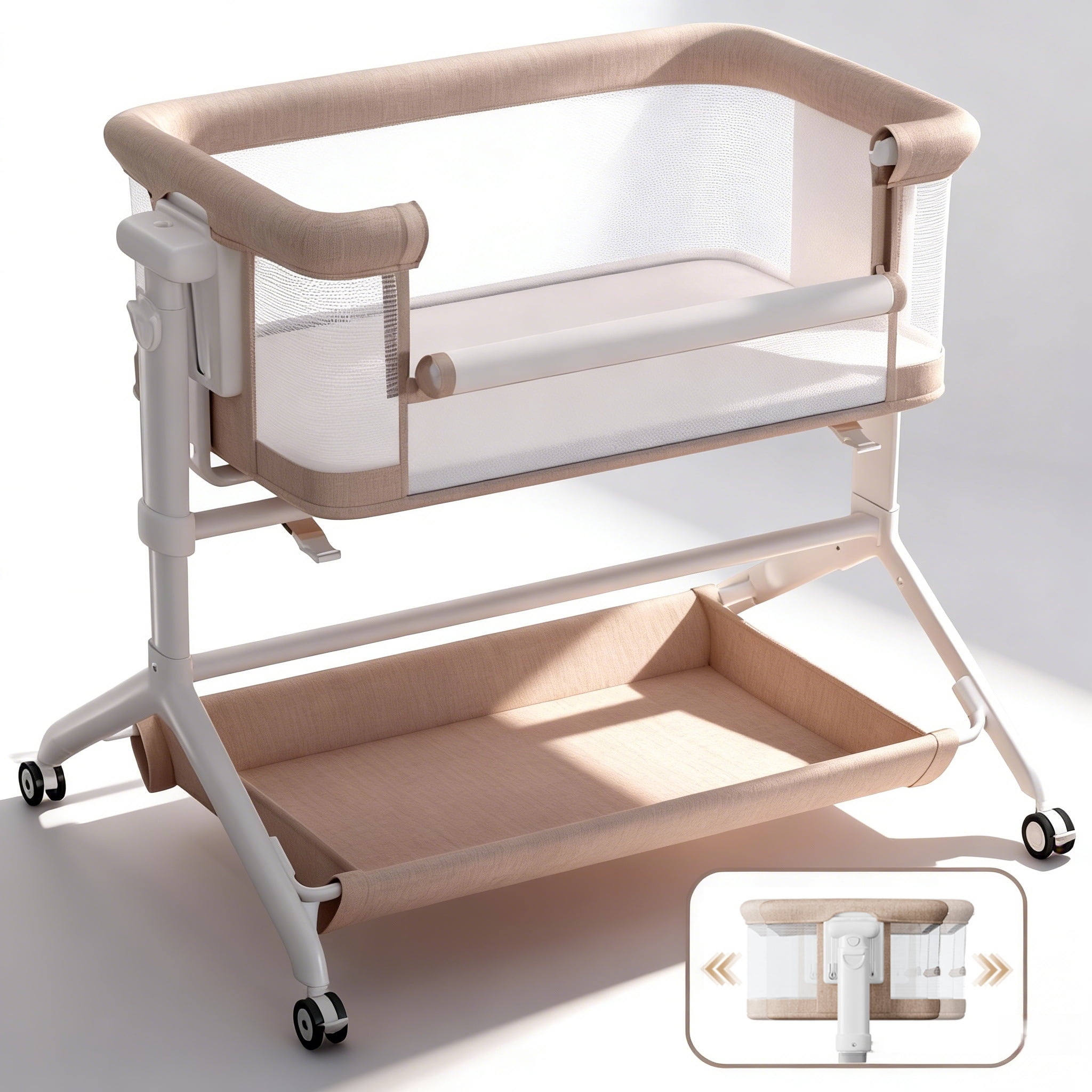 Baby Bassinet, Caveen Roacking Bassinet for Baby, Bedside Sleeper with Breathable Full-Mesh and Mattress, 6 Height Adjustable, Portable Bedside Crib for Infants,Beige
