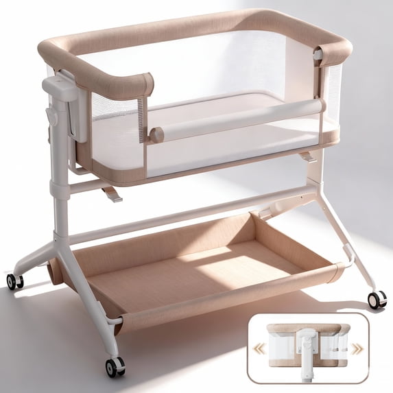 Baby Bassinet, Caveen Roacking Bassinet for Baby, Bedside Sleeper with Breathable Full-Mesh and Mattress, 6 Height Adjustable, Portable Bedside Crib for Infants,Beige