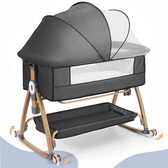 Baby Bassinet, Caveen Bedside Bassinet for Baby, 4 in 1 Portable Bedside Sleeper Rocking Crib with Wheels, Mosquito Net & Storage Basket, 6 Height Adjustable, Grey