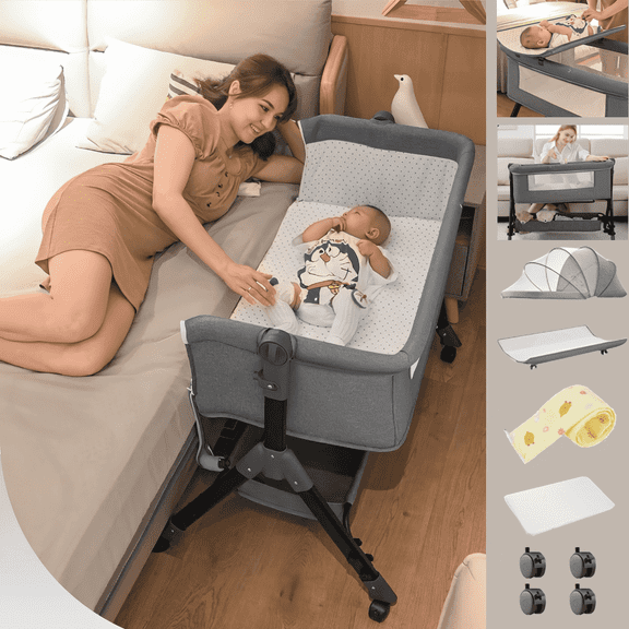 Baby Bassinet, Bedside Bassinet for Baby, 4 in 1 Portable Bedside Sleeper Rocking Crib with Wheels, Mosquito Net & Storage Basket, 6 Height Adjustable, Grey