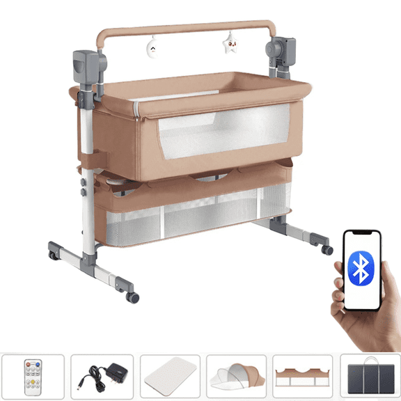 Baby Bassinet Electric Bedside Bassinet with Remote Control,4 in 1 Bassinet for Newborns(Bluetooth Enabled),Brown