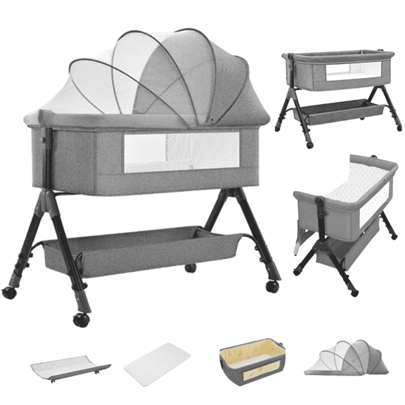Baby Bassinet,Portable Baby Bedside Sleeper,4 in 1 Rocking Crip with Changing Table,Mosquito Net for 0-24Months,GRAY