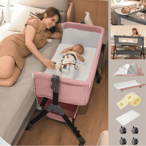 Baby Bassinet,Portable Baby Bedside Sleeper,4 in 1 Rocking Crip with Changing Table,Mosquito Net for 0-24Months,Pink