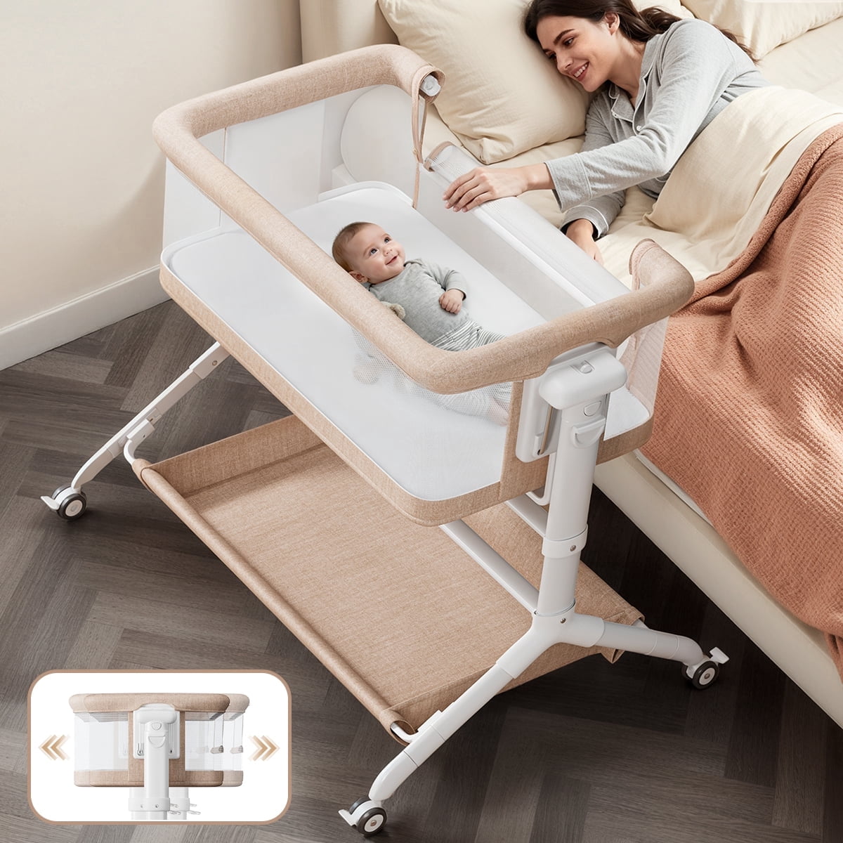 Baby Bassinet, Roacking Bassinet for Baby, Bedside Sleeper with Breathable Full-Mesh and Mattress, 6 Height Adjustable, Portable Bedside Crib for Infants,Beige