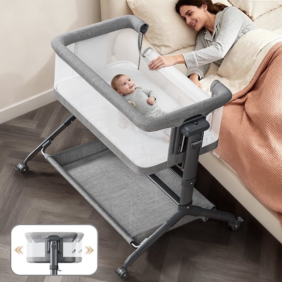 Baby Bassinet, Roacking Bassinet for Baby, Bedside Sleeper with Breathable Full-Mesh and Mattress, 6 Height Adjustable, Portable Bedside Crib for Infants, Grey