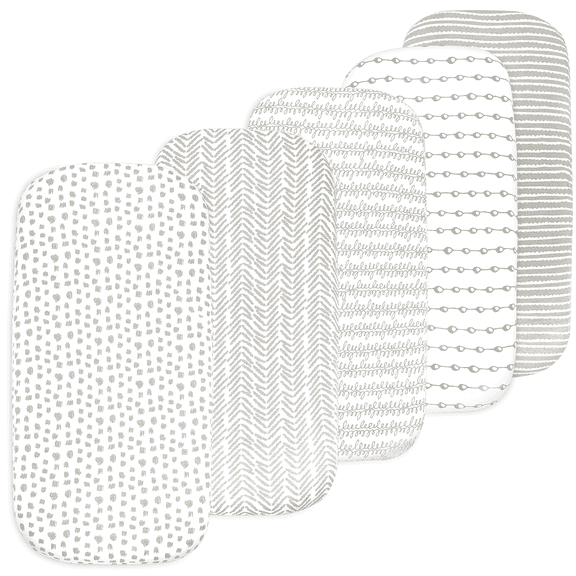 Baby Bassinet Sheet Set for Boy and Girl, 5 Pack Set, Universal Fitted for Oval, Hourglass & Rectangle Bassinet Mattress, Fitted Sheets Size 32 x 16 x 4 Inches, Cool Grey