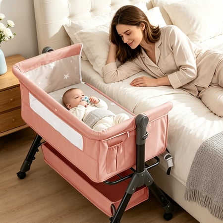 Baby Bassinet Bedside Sleeper, Portable Folding Crib with Breathable Mesh, Wheels & Storage Basket, Newborn to 18 Months, Pink