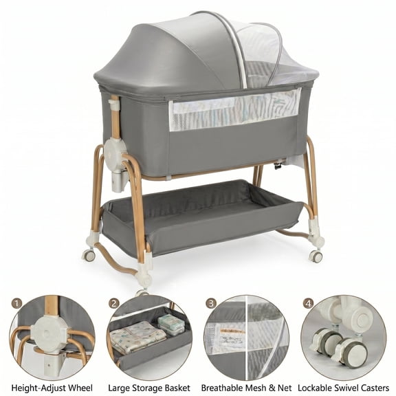 suihuooo 4-in-1 Rocking Baby Bassinet with Wheels and Storage Basket 7 Height Adjustable Mosquito Net for Newborn,Gray